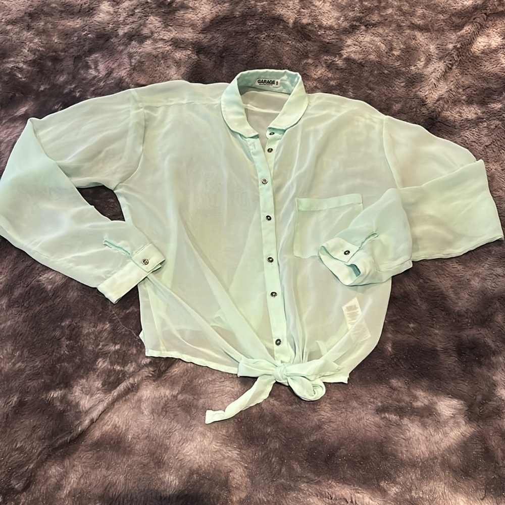 Sheer Sea Foam Green Button Down Shirt - M